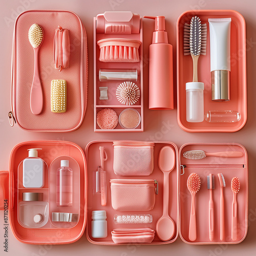 Nylon Case Toiletries Close-up on Coral Background Top View