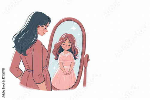 An adult woman looks at a girl reflected in a mirror. Space for text.