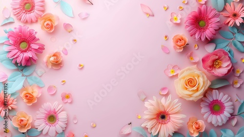 A beautiful display of various colorful flowers and pink petals arranged aesthetically on a pink pastel background, evoking a sense of joy, freshness, and natural beauty.