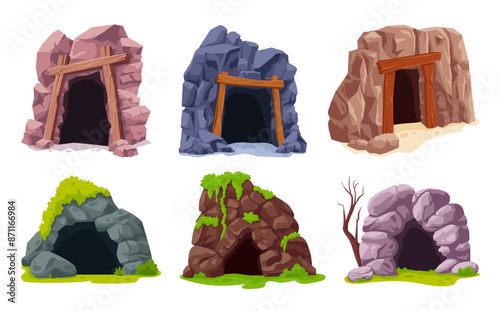 Cartoon cave entrances. Caves or gold mines in stone mountain, hole mountains old prehistoric rock cavern ore mining tunnel cartoon game, caveman den ingenious illustration