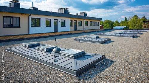 Commercial Roofing. Gravel Flat Roof with Skylight and Window on Building