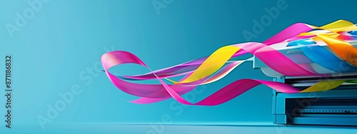 Colorful ribbons flowing from a modern printer on a vibrant blue background