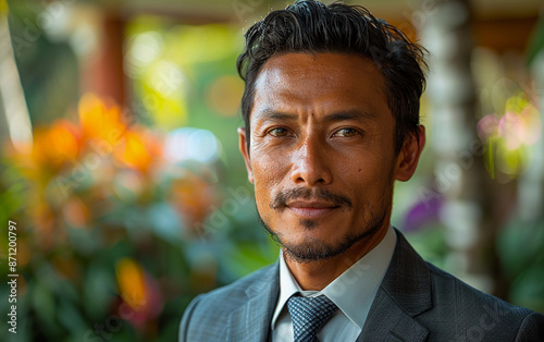 A Micronesian man in a suit and tie poses confidently for a portrait against a backdrop of blurred flowers and greenery