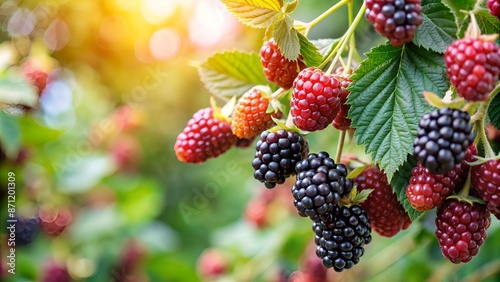 Fresh blackberry (Rubus fruticosus) on a branch in the garden. Add healthy and tasty fruit to your diet. Dietary and vegetarian product. Selective focus, copy space, side view. Banner.