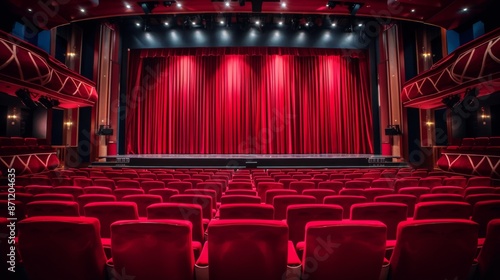 Theater scene interior with balconies and seats. Classic theater stage with a red curtain