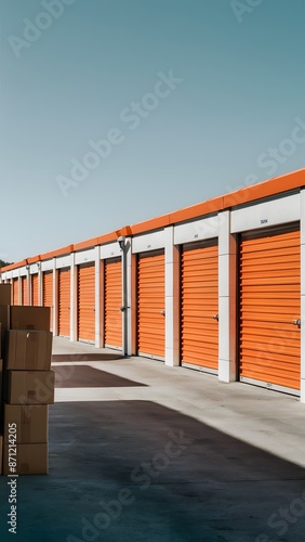 Row of self storage units with bright orange doors, stacked cardboard boxes Vertical Mobile Wallpaper