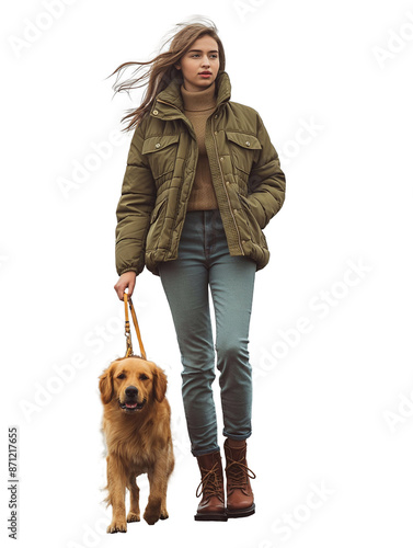 woman walking her dog on a leash. She is wearing a stylish outfit and has a confident stride. The dog is walking beside her, its tail wagging happily. di-cut PNG transparent background generative ai