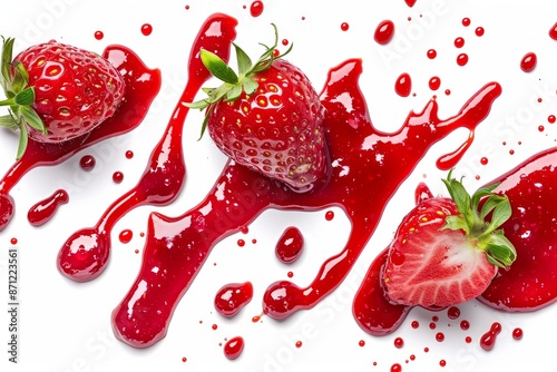 Top view of strawberry jam drizzle on white background with berry splashes