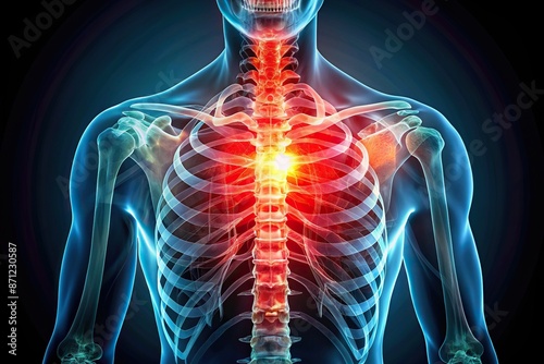 Vibrant X-ray illustration of thoracic spine and ribcage with red highlights emphasizing painful areas, hand hovering near neck, against a dark background.