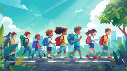 Cartoon style image of children with backpacks walking in a line on a path through a park on a sunny day, capturing the essence of adventure, learning, and camaraderie in a playful manner.