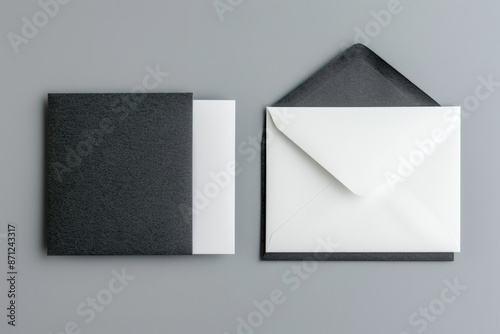 Minimalist black and white stationery set with envelopes and cards on a gray background.