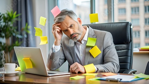 Businessman, desk, sticky notes, burnout, forgetful