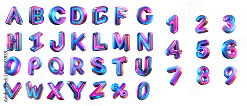 neon-lit 3D Letter and numbers set, glowing with vibrant pink and blue lights