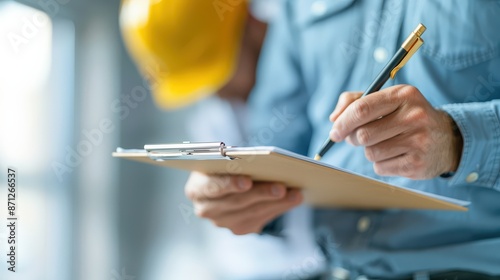 Close-up of a construction worker's hands writing on a clipboard. The worker is wearing a blue shirt. A yellow hard hat can be seen in the background.