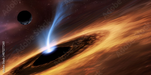 Cosmic Representation of a Black Hole with Radiant Energy Ejection and Detailed Space Background Artistic Illustration of a Black Hole with Dynamic Energy Jets and Celestial Surroundings