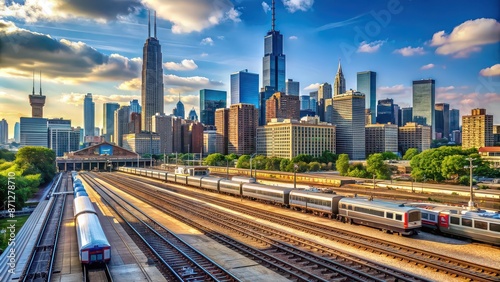 Skyline view of Chicago with METRA commuter rail trains near Union Station, skyline, Chicago