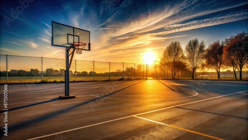 Outdoor basketball court at sunset with hoop casting a long shadow, basketball, court, outdoor, sunset, hoop, shadow, dusk