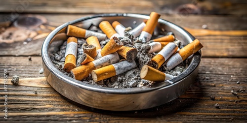 A full ashtray with cigarette butts and ashes, ashtray, cigarettes, smoking, tobacco, nicotine, addiction, unhealthy, filth, litter, dirty