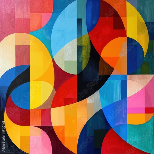 A colorful abstract painting with a blue and yellow circle in the middle