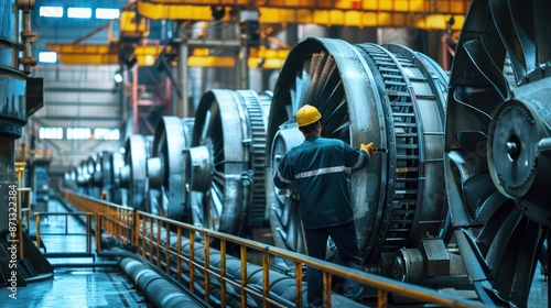 Workers inspecting turbines at a hydro electric power plant. 