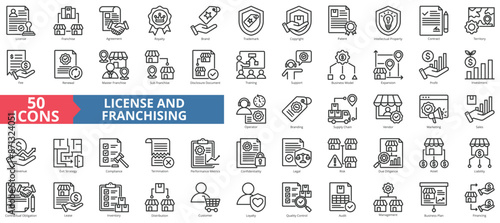 License and franchising icon collection set. Containing asset, agreement, royalty, trademark, copyright, patent, intellectual property icon. Simple line vector.