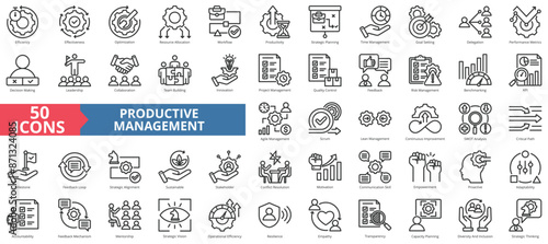 Productive management icon collection set. Containing efficiency, effectiveness, optimization, resource allocation, workflow, productivity icon. Simple line vector.