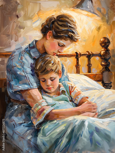 Parent giving nurturing care during a childs illness, nurturing, compassionate attention