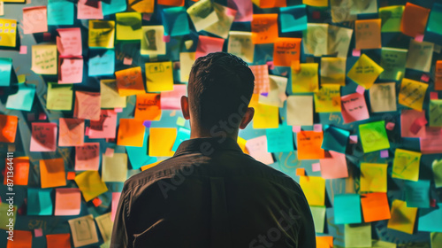 A man gazes at a wall covered in colorful sticky notes, seemingly lost in thought, representing brainstorming or managing tasks.