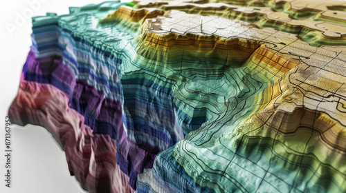 A detailed 3D topographic map showcasing various elevations and terrains, depicted in vibrant colors with intricate depth and texture.