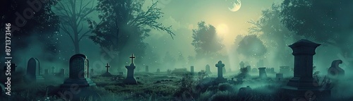 Gloomy foggy graveyard at night, illuminated by moonlight, depicting eerie and mysterious atmosphere with headstones and trees.