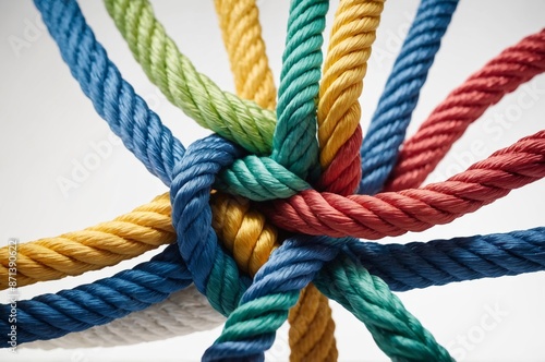 Close-up of colorful ropes intertwined in complex pattern signifying unity connection and collaboration