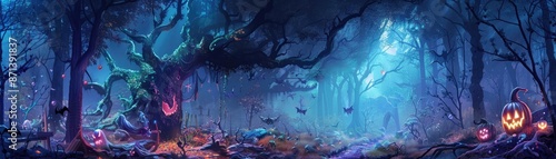 Spooky Halloween night scene in an eerie forest with glowing pumpkins, a twisted tree, and a mysterious blue mist.