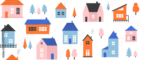 Small cute house seamless pattern. Cute cartoon village town repeated texture. Doodle cozy tiny little cottages background. Repeating suburban town houses and trees wallpaper. Vector illustration