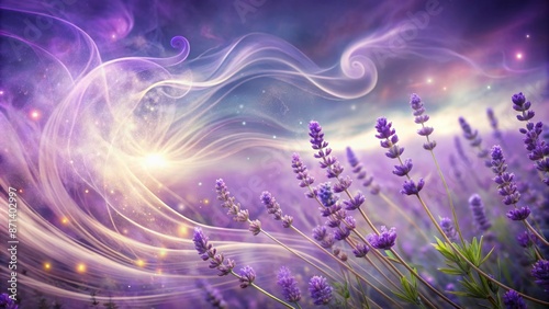 Ethereal lavender mist swirls amidst wispy smoke tendrils, casting an enchanting ambiance on a dreamy, abstract background landscape.