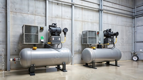 Two air compressors mounted on a wall , industrial, equipment, machinery, technology, workshop, compressed air, tools