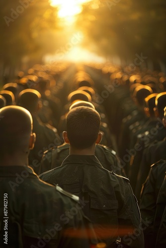 Backview of cadets in training, dawn light, wide shot, orderly style