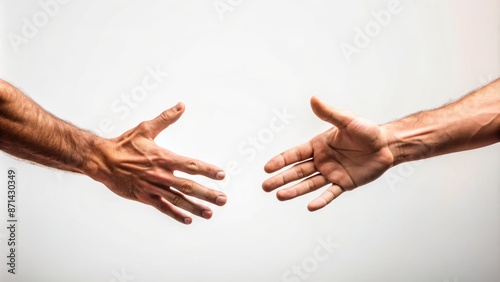 Two masculine hands, fingers outstretched, suspended in mid-air, poised for connection, on a pristine white background, evoking unity and support.