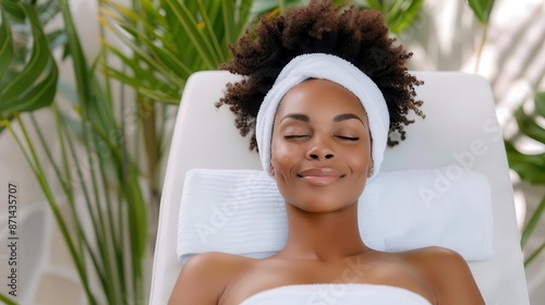 Woman relaxing at a spa with a content expression, money, happiness, self-care, relaxation