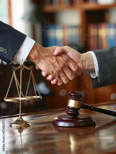 Business meeting between lawyers with a handshake, scales of justice, and gavel to represent legal agreement and partnership in a contemporary office.