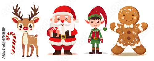 Set of Christmas Elements include Santa Clause, Elf, Reindeer, Ginger Bread and Sugar Cane vector