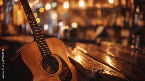 An acoustic guitar rests on a wooden bar counter in a cozy, warmly lit bar with bokeh lights in the background.