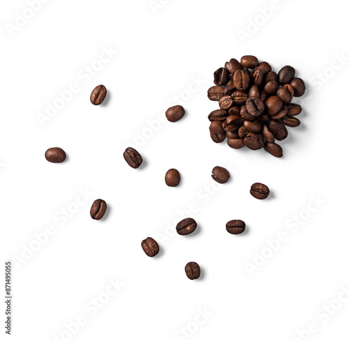 Coffee beans isolated on white background. Top view