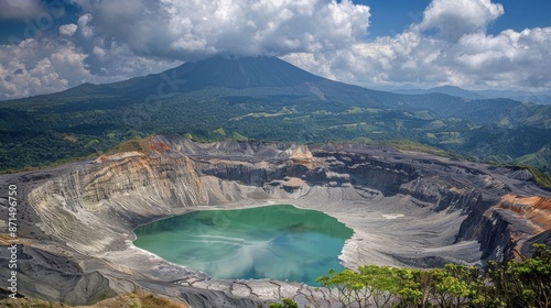 A breathtaking aerial view of the volcanic crater of Poás in Costa Rica, showcasing a serene green lake nestled within the craters rim