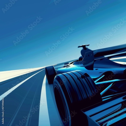 A digitally created image featuring a stylized race car moving at high speed on a curved racing track with dynamic perspective