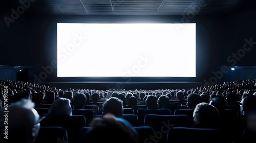 A large, empty movie screen in a dark theater, with an audience waiting for the show to begin.