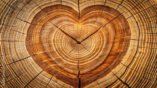 Macro image of a cross-section of a tree trunk showing annual rings with a heart-shaped pattern in the center.