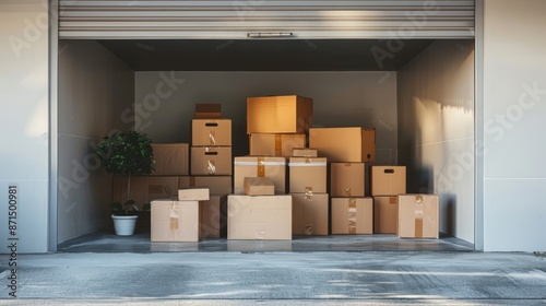 A storage unit packed with various sized cardboard boxes, representing moving, storage, or logistics.