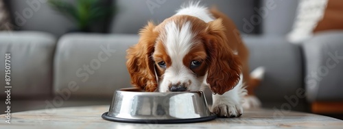  A small brown-and-white dog consumes food from a silver bowl on a table near a gray couch