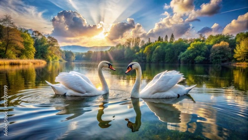 Majestic white swans glide effortlessly on serene lake's calm waters, embodying eternal love, faithfulness, and beauty in nature's peaceful setting.