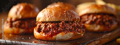  A tight shot of a Sloppy Joe sandwich on a cutting board against a background of additional Sloppy Joes